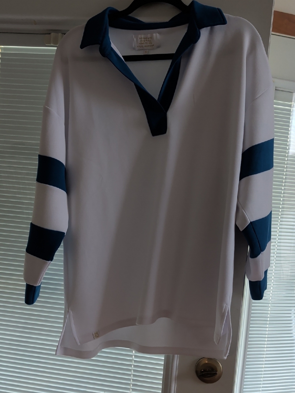 Simply Southern Obersized White Top with Teal V-Neck Trim